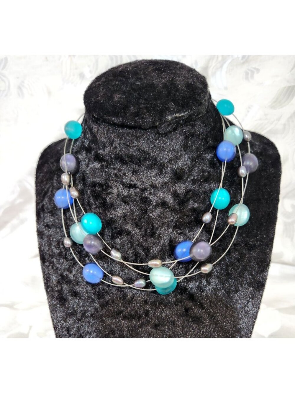 Culture Mix Multi-Strand Blue & Metallic Bead Necklace-EUC